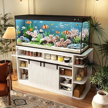 55-75 Gallon Aquarium Stand with Power Outlet & LED Light, Heavy Duty Fish Tank Stand with Sliding Barn Doors, Storage Cabinet for Turtle Tank & Reptile Terrarium, 1200LBS (White-2) - color: White-2