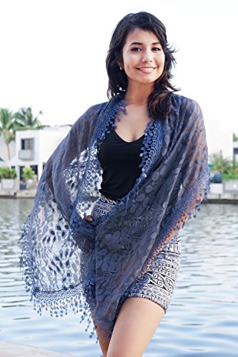 Cindy & Wendy Lightweight Soft Leaf Lace Fringe Scarf Bridal Shawl for Women - color: Navy