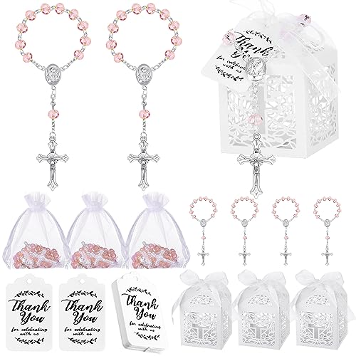 Yinkin 100 Pcs Rosary Baptism Favors Mini Rosary Bracelet Bags, Pink - color: Pink