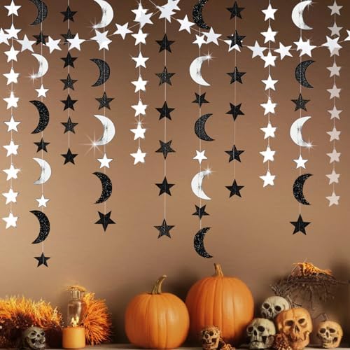 Black Silver Moon Decoration Star and Moon Gothic Summerween Decor Garland for Eid Mubarak Halloween Birthday New Year Eve Party Supply Twilight Star Banner Celestial Wedding Baby Shower Ramadan - color: Black Sliver