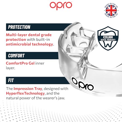 OPRO Instant Custom-Fit Mouthguard – Dentist Level Gum Shield Adult and Kids – OPRO Mouth Guard Boxing and MMA, Self-Fit Gum Shield Rugby – Maximum Protection with Dental Warranty (Clear/White) - color: Clear/White, size: Youth (Under 10)