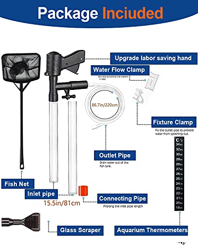 QZQ Aquarium Gravel Cleaner Vacuum Fish Tank Cleaner Tools Kit | [2026 Edition] Water Changer with Aquarium Thermometers, Fish Net kit, Use for Fish Tank Cleaning Gravel and Sand