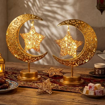 Glooglitter 2 Pcs Moon Crescent Ramadan Table Lamp Decorations Battery Operated Ramadan Lights Eid Mubarak Moon Decorations Gold Crescent Lamp Nightlights Eid Gifts for Home, Bedroom, Living Room