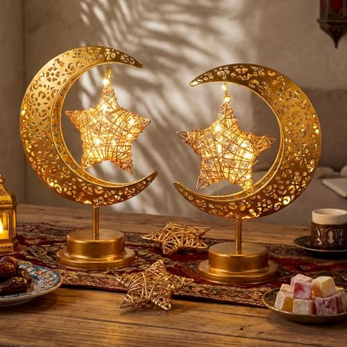 Glooglitter 2 Pcs Moon Crescent Ramadan Table Lamp Decorations Battery Operated Ramadan Lights Eid Mubarak Moon Decorations Gold Crescent Lamp Nightlights Eid Gifts for Home, Bedroom, Living Room