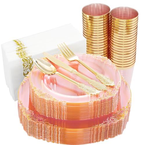 Hioasis 175 Pcs Pink Gold Plates for Party - color: Pink and Gold