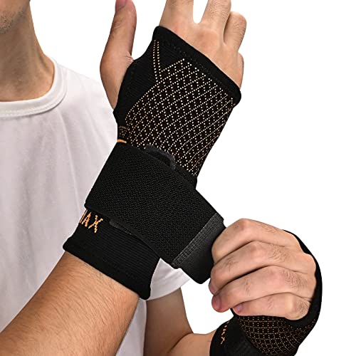 Copper Wrist Compression Sleeve 1 Pair, Comfortable Hand Brace Support with Strap for Arthritis, Tendonitis, Sprains, Workout, Carpal Tunnel - Left & Right - Women and Men - color: Black New, size: S
