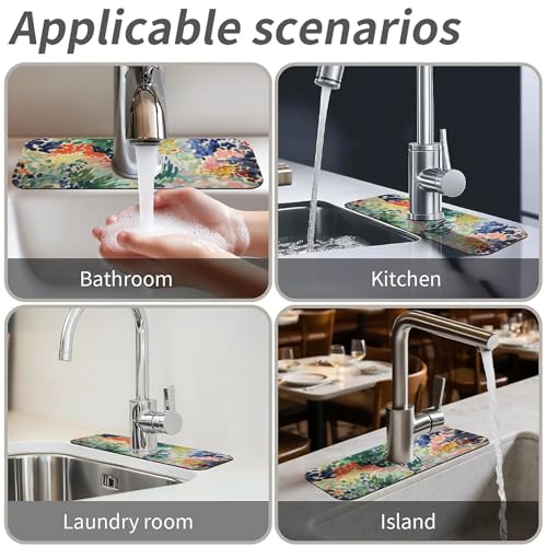 Kitchen Sink Splash Guard，Enchanting garden-1 Faucet Mat Sink Gadgets-Super Absorbent Fast Drying Mat Drip Catcher for Kitchen, Bathroom,Sink Mat, Dish Drying Mat, Bathroom(15" X 5.5" ) - color: Enchanting garden-1