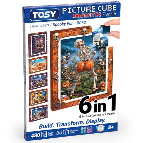 TOSY Picture Cube Halloween Spooky Fun: 6-in-1 Magnetic Picture Puzzle, 80 Blocks, 480 Puzzle Faces, 0.63 in, B052, Seamless UV Art, Display-Ready Frame, Collectible, STEM/STEAM Gift for Kids & Adults - color: Spooky Fun