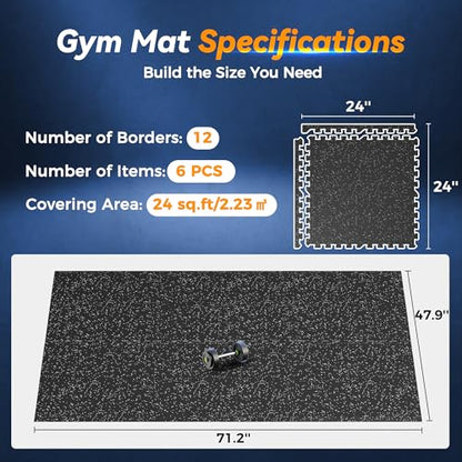 SUPERJARE 1" Extra-Thick Rubber Top Exercise Mat, Puzzle Gym Flooring for Home Gym, Gym Mat for Workout Equipment, Interlocking Floor Tiles with EVA Foam, 6 Pcs 24 Sq Ft, Black/Grey - size: 6 Tiles (24 Sq Ft)