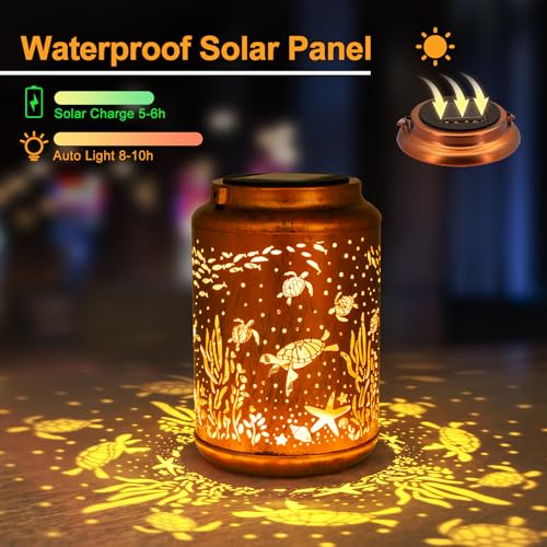 YISITEONE Sea Turtle Outdoor Solar Lanterns, Garden Waterproof Metal Hanging Decor Lights for Patio Yard Pathway Lawn Front Porch, Birthday Gardening Gifts for Women Mom Grandma - style: Sea Turtle