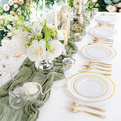 Supernal 400pcs Gold Plastic Plates for 50 Guests Heavy Duty Disposable Party Plates, 200 Gold Plastic Silverware, Linen Napkins, Clear Cups For Valentine's Day Mother's Day and Easter - color: 400pcs White and Gold Plastic Dinnerware