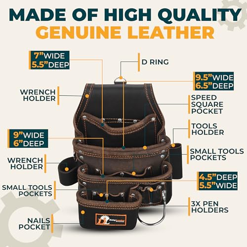 Daisy Leather Tool Bag Pro 505 Premium Leather Oil Tanned 13 Pockets with Speed Square Pocket Multi-Purpose Tool Organizer for Handyman Carpenter Electrician Construction Farmers X-Large… - color: Chocolate