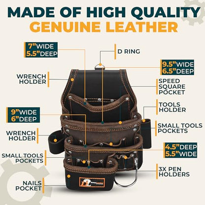 Daisy Leather Tool Bag Pro 505 Premium Leather Oil Tanned 13 Pockets with Speed Square Pocket Multi-Purpose Tool Organizer for Handyman Carpenter Electrician Construction Farmers X-Large… - color: Chocolate
