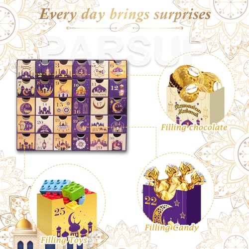 Ramadan Advent Calendar with Drawers, 30 Empty Boxes for 30 days, Eid Mubarak Coutdown Calendar Fillable Ramadan Gift, Islamic Art, Cardboard Number Storage Box, Ramadan Party Supplies - Purple
