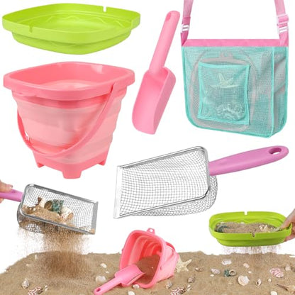 FHOZGECY Beachcombing Treasure Kit with 2 Sifters for Family Beach Vacation | Collapsible Bucket, Stainless Mesh Shovel, Shark Tooth Sifter, Scoop and Mesh Bag for Shelling, Outdoor Play for Kids 3-12