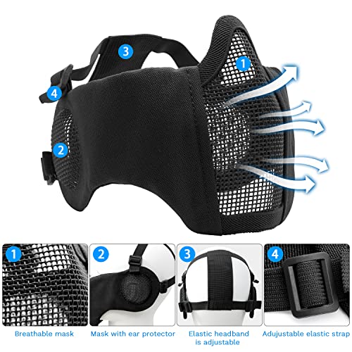 Airsoft Mask with Goggles, Foldable Half Face Airsoft Mesh Mask with Ear Protection for Paintball Shooting Cosplay CS Game - color: Black-3pcs, size: 3pcs