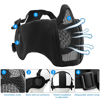 Airsoft Mask with Goggles, Foldable Half Face Airsoft Mesh Mask with Ear Protection for Paintball Shooting Cosplay CS Game - color: Black-3pcs, size: 3pcs