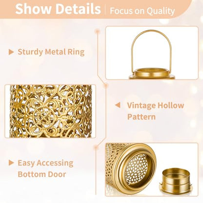 NUPTIO Gold Candle Lanterns Decorative: 6 Pcs Hanging Metal Tealight Candles Holder 4.1inch Brass Mini Tea Light Lantern Centerpiece for Weddings Bridal Shower Anniversary Table Decor (Style 3) - size: Style 3 - 6 Pcs