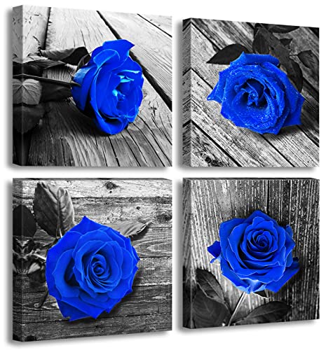 Blue Rose Canvas Wall Art Decor, 12x12 Inch 4-Piece Framed Set for Bedroom | Ready-to-hang with hooks, fade-resistant, easy-clean, bold contrast, versatile for any room. - color: blue rose-4p