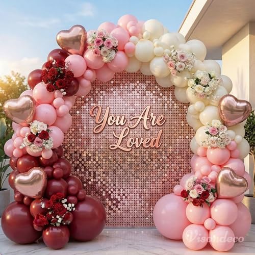131Pcs Burgundy Red and Pink Balloon Arch Kit with Ivory & Rose Gold Heart Foil Balloons for Happy Birthday, Valentine's Day Decorations, Mother's Day, Wedding, Proposal Party Backdrop - color: Burgundy Maroon Pink