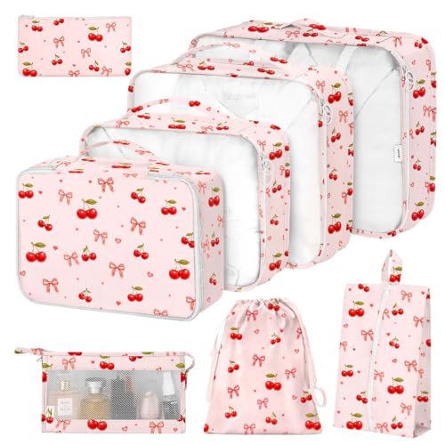 Packing Cubes for Travel,8 Set Luggage Organizer Bags with Mesh Top Panel, Lightweight Suitcase Organizers for Carry On, Family Vacation, Business Trip(Cherry Bows) - color: Cherry Bows