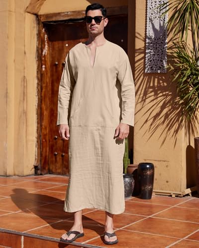 YAOHUOLE Men's Kaftan Thobe Long Sleeve Men Thobe Robe Side Split Men Thobe with Pockets Casual Thobe - color: Khaki-long Sleeve, size: X-Large