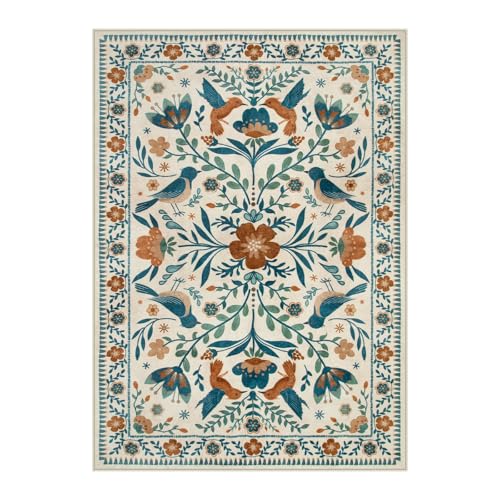 Moynesa Bedroom Rug 5x7, Washable Modern Bohemian Area Rugs for Living Room Dining Room, Farmhouse Floral Bird Print Pattern Carpet, Retro Home Decor Open Floor Areas Non-Slip Protection - color: Beige, size: 5' x 7' (Rectangular)