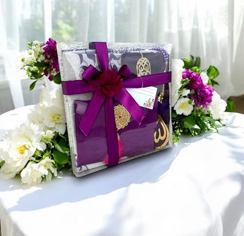 SAIKA Muslim Prayer Rug, 7 in One Gift Set, Prayer Mat Surah Book, Tasbeeh, Scarf, Surah Case, Bookmark, Car Mirror Hanger, Prayer Beads,Islamic Gift for Umrah, Hajj, Wedding, Janamaz (Purple) - color: Purple