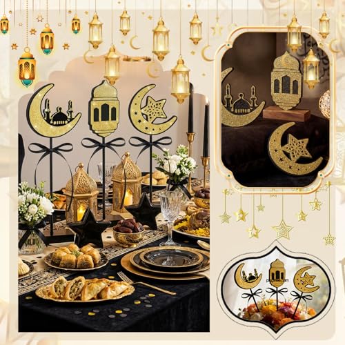 3 Pcs Ramadan Decorations Eid Mubarak Table Decor Wooden Set, Glitter Islamic Ramadan Tiered Tray Table Decorations,Ramadan Table Decor for Muslim Party Home Decor