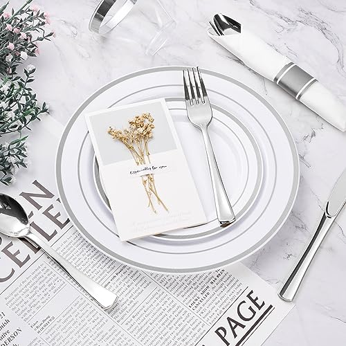 BESTVIP 350PCS Silver Plastic Dinnerware Set, Disposable Party Plates for 50 Guests, Include: 100 Plastic Plates, 50 Pre Rolled Napkins with Silver Silverware, 50 Cups - color: Silver, size: 50 Guests