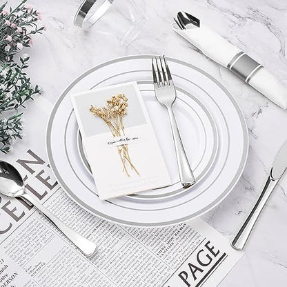 BESTVIP 350PCS Silver Plastic Dinnerware Set, Disposable Party Plates for 50 Guests, Include: 100 Plastic Plates, 50 Pre Rolled Napkins with Silver Silverware, 50 Cups - color: Silver, size: 50 Guests