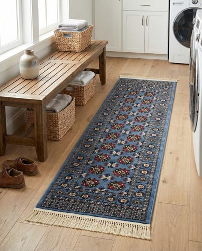 Rugs.com Bokhara Collection Rug – 6 Ft Runner Blue Medium-Pile Rug Perfect for Hallways, Entryways - color: Blue, size: 2' x 6' Runner