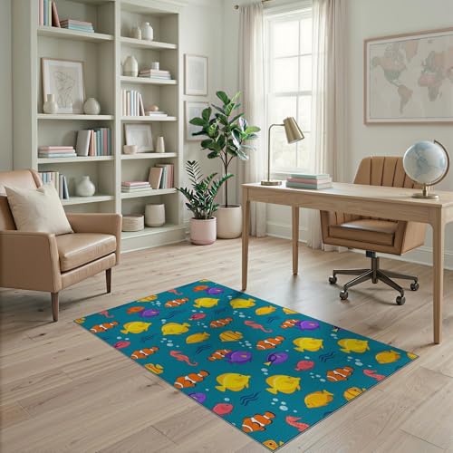 4'x6' Washable Graphic Fish Accent Rug, Teal Non-Shedding Small Carpet for Playroom, Bedroom, Reading Nook, Pet Friendly & Kids Safe Play Mat | Ref:1886587 - color: Blue/Pattern 15, size: 4' x 6' (Rectangular)