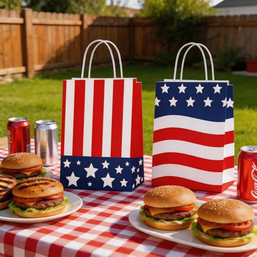 LAOREI 12 Pcs 4th of July Gift Bags with Handles, Patriotic Paper Goodie Sacks, Red White Blue American Flag Treat Bags for Independence Day Party, Memorial BBQ, Veterans Event, Birthday - color: Red White Blue