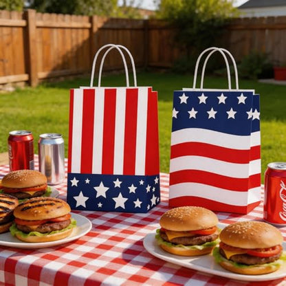 LAOREI 12 Pcs 4th of July Gift Bags with Handles, Patriotic Paper Goodie Sacks, Red White Blue American Flag Treat Bags for Independence Day Party, Memorial BBQ, Veterans Event, Birthday - color: Red White Blue