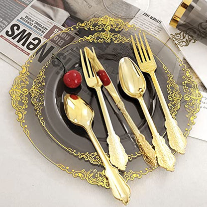 Nervure 175pcs Clear Black Plastic Plates - Gold Plastic Dinnerware Set for 25 Guests include 50 Disposable Plates,75 Gold Silverware,25 Cups,25 Napkins Perfect for Party&Independence Day - color: Black, style: 175Pcs(25Guests)
