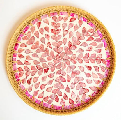 Magenta & Teal Round Rattan Serving Tray with Mother of Pearl Inlay, Wicker Coffee Table Decor, Farmhouse Style (Pink Flower) - color: Pink Flower