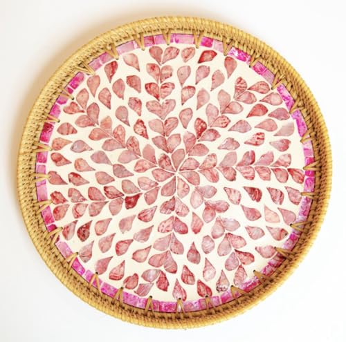 Magenta & Teal Round Rattan Serving Tray with Mother of Pearl Inlay, Wicker Coffee Table Decor, Farmhouse Style (Pink Flower) - color: Pink Flower