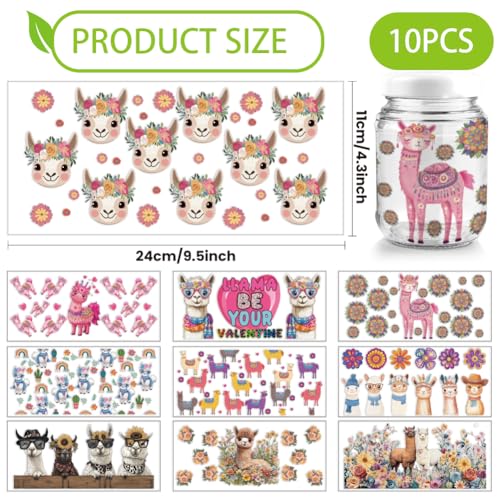 arricraft 10 Pcs Colorful Alpaca Theme Cup Printing UV Transfer Papers, 10 Styles Heart Fresh Flowers Sunglasses UV DTF Cup Wrap Stickers for 16 OZ Glass Cups Crafts 9.5x4.3inch - style: Colorful Alpaca Theme