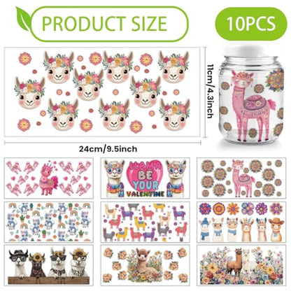 arricraft 10 Pcs Colorful Alpaca Theme Cup Printing UV Transfer Papers, 10 Styles Heart Fresh Flowers Sunglasses UV DTF Cup Wrap Stickers for 16 OZ Glass Cups Crafts 9.5x4.3inch - style: Colorful Alpaca Theme