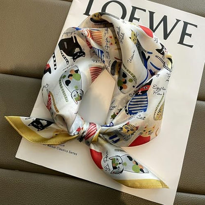 Square Silk Scarf Women Shawl Headbands Small Soft Neckkerchief Cat Print Bandana Satin Hijab Scarves - color: 30