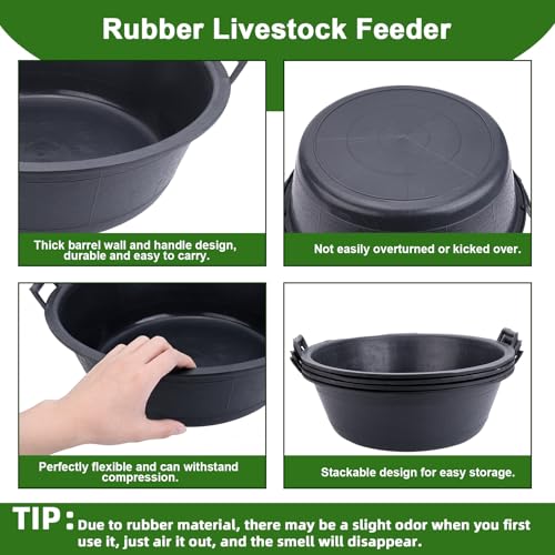 4Pcs Large Rubber and Plastic Feed Pan with Handle, 8.6 Gallon 34 Quart | Utility Horse Feed Bucket, For Cats Dogs Goats Chicken, Dust Bath Container, Animal Feeding Watering Bowl