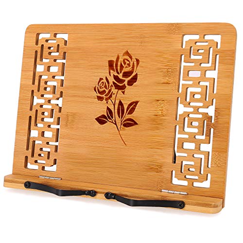 MEGREZ Book Stand for Reading (13.2 x 9.4 inch) Bamboo Cookbook Stand Holder for Kitchen, Adjustable Book Holder Stand for Tablet/Textbook Holder/Hollow Bookrest Stand, Rose - color: Rose