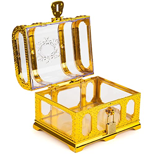 Treasure Chest with Lock and Key,Pirate Theme Party Favors for Kids,Transparent Golden Pirate Chest - color: transparent golden chest 2
