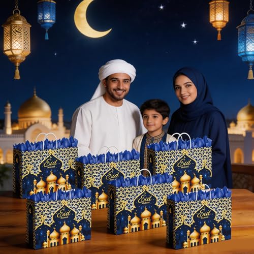 CMSSHUAI 12 Pcs Eid Mubarak Gift Bags with Handles 12.8 x 10.4 x 4.4 Inch Large Ramadan Tote Bags Eid Mubarak Paper Treat Goodie for Gifts Wrapping Ramadan Party Supplies - color: eid 12