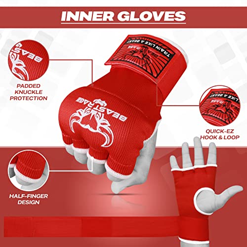 BEAST RAGE Inner Gloves with Hand Wraps Quick Wrap Long 36" Wrist Support MMA Muay Thai Bandages Punching Martial Arts Training Men Women Kickboxing Bandages Under Bag Gloves - color: Red Rage, size: XL (Adult)