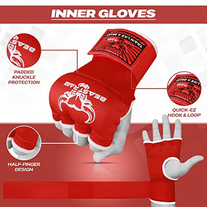 BEAST RAGE Inner Gloves with Hand Wraps Quick Wrap Long 36" Wrist Support MMA Muay Thai Bandages Punching Martial Arts Training Men Women Kickboxing Bandages Under Bag Gloves - color: Red Rage, size: XL (Adult)