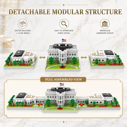 White House Micro Building Block Set 3000 Pcs Washington DC Architecture Model Kit for Adults & Teens US Historic Landmark Home Office Desk Decor Display Souvenir Gift - style: White House