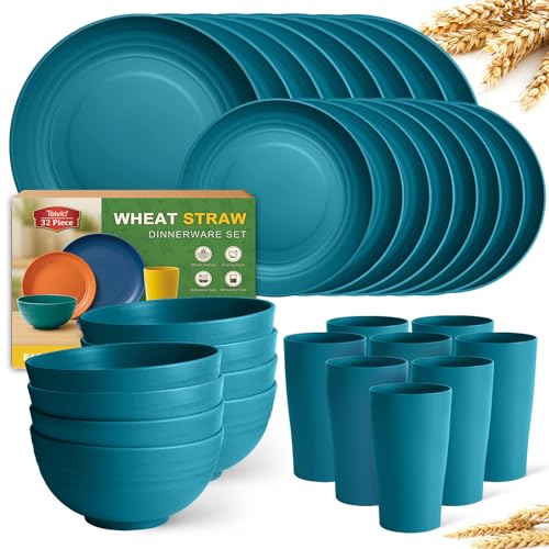 Teivio 32-Piece Plates and Bowls Sets for 8, Wheat Straw Dinnerware Sets - color: Dark Teal