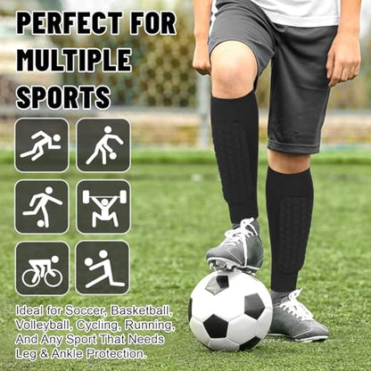 4 Pack Shin Guards Kids and Elastic Ankle Straps, Calf Compression Sleeve with Honeycomb Pads, Shin Guards Soccer, for Sprains, Achilles Pain, Sports Running